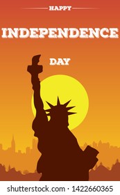 Modern background American city with silhouette of the Statue of Liberty and evening city building skyline for card. Motivating inscription in Independence Day USA. Template for promotional flyer.