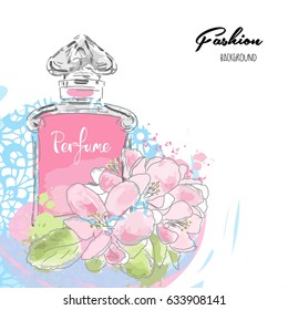 Modern background beautiful perfume bottle and flowers.
