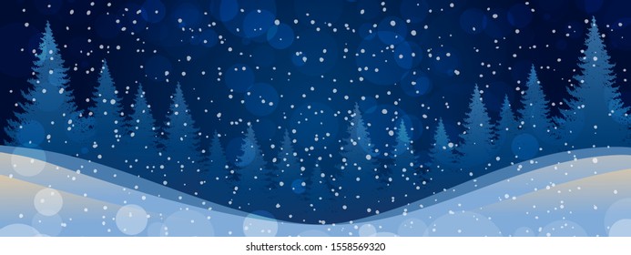 Modern background with Christmas trees. Banner with nightly snowy forest and falling snow, place for text. New Year landscape. Flat stock vector.