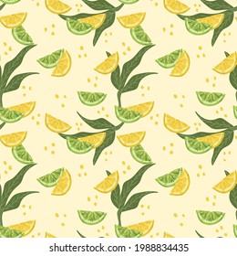 Modern background with citrus fruits. Vector background with juicy lemons and limes. Textile backing with yellow and green fruits. Vector illustration