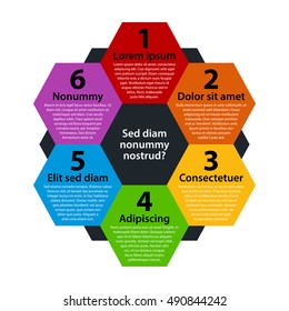 Modern background with colorful hexagons. Each shape represents option or choice.