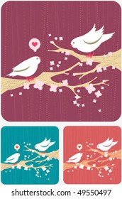 Modern background with cute cartoon birds on a spring blooming branches - three subdued colored illustration in maroon, emerald green, and bronze colors