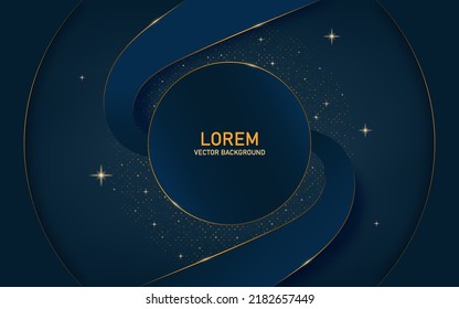 modern background dark blue circle golden ring shape with glitter and golden ribbon line vector.luxury style