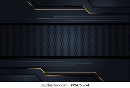 Modern Background with Dark Navy Color and Golden Lines Combination. Abstract Tech Futuristic Background Design.	