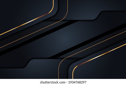 Modern Background with Dark Navy Color and Golden Lines Combination. Abstract Tech Futuristic Background Design.	