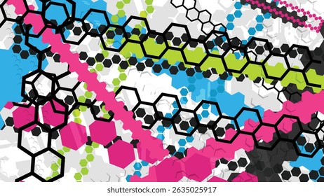 Um design de fundo moderno com um padrão de hexágono abstrato que se sobrepõe e forma linhas dinâmicas. 