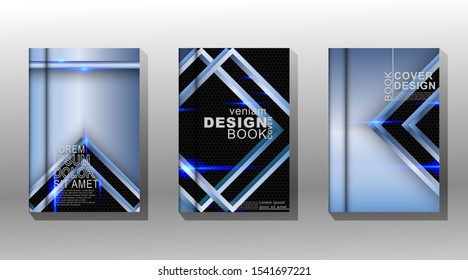 Modern background design. Collection of book cover vectors with blue triangle shape patterns on black hexagons