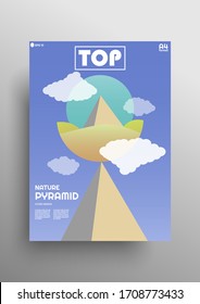 Modernes Hintergrunddesign mit warmen Farbdetails, Himmel und Wolken Elemente, in A4-Größe für Poster, Planer, Buch, Seite etc. Natur, Spitze der Pyramide mit Sand und Sonne.  Trendy Cover Design. EPS10