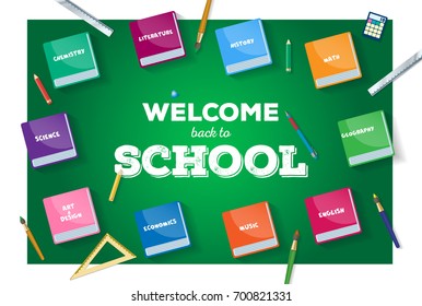 Modern background with different school objects and colorful schoolbooks 