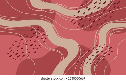 Modern background with doodle lines and dots and liquid shapes. Contemporary art with trendy terracotta color