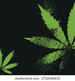 Um fundo moderno com maconha, folhas verdes de maconha e respingos de tinta. Padrão de cânhamo estilo Grunge para a indústria de CBD, indústria de cannabis, folhetos, vestuário e design urbano. Fundo escuro. Decoração de canábis