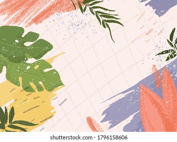 Modern background with floral, tropical, Hawaiian flowers and plants. Exotic drawings for fabric, paper, covers, decor, vector illustration