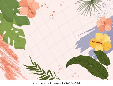 Modern background with floral, tropical, Hawaiian flowers and plants. Exotic drawings for fabric, paper, covers, decor, vector illustration