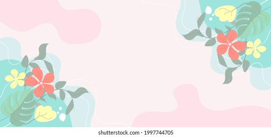 Modern background with fluid and leaves, flower shape pastel color and hand draw line on soft pink background flat minimal design with copy space for text. Vector illustration
