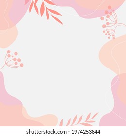 Modern background with fluid and leaves shape pink, orange pastel color and hand draw line on white background flat minimal design with copy space for text. Vector illustration