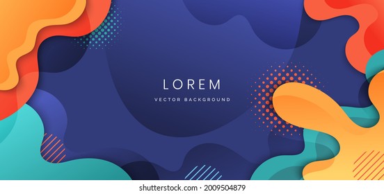 Fondo moderno con forma de fluido verde, azul, color anaranjado y línea de tracción manual sobre fondo azul oscuro diseño mínimo. Ilustración del vector