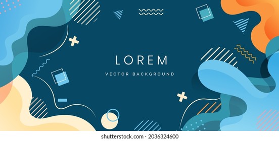 Moderner Hintergrund mit fließender Gelbform, Blau, orangefarbener Pastellfarbe und handgezeichneter Linie auf blauem Hintergrund, minimales Design. Vektorgrafik