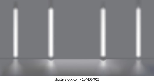 Modern background in the form of a studio, room with lamps and blur effect. Great for demonstration and presentation your product. Luxury gray abstract background. Vector illustration