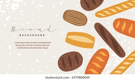 Fondo moderno con pan recién horneado. Pan integral, arroz y trigo, ciabatta, baguette. Ilustración texturizada estilo Antiguas. Plantilla de diseño de Vector para anuncios, Anuncio, cubierta, etiqueta, póster.