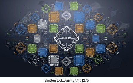 Modern Background with futuristic user interface. Electronic computer hardware technology. Motherboard digital chip. Integrated communication processor. Information engineering component.