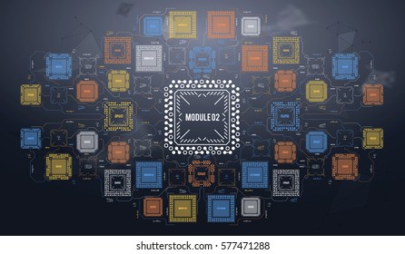 Modern Background with futuristic user interface. Electronic computer hardware technology. Motherboard digital chip. Integrated communication processor. Information engineering component.