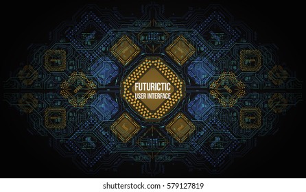 Modern Background with futuristic user interface. Electronic computer hardware technology. Motherboard digital chip. Integrated communication processor. Information engineering component.