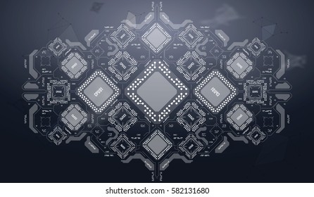Modern Background with futuristic user interface. Electronic computer hardware technology. Motherboard digital chip. Integrated communication processor. Information engineering component.