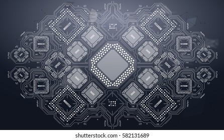 Modern Background with futuristic user interface. Electronic computer hardware technology. Motherboard digital chip. Integrated communication processor. Information engineering component.