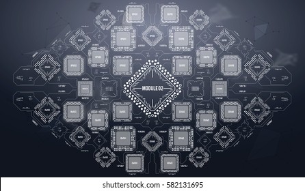 Modern Background with futuristic user interface. Electronic computer hardware technology. Motherboard digital chip. Integrated communication processor. Information engineering component.