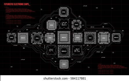 Modern Background with futuristic user interface. Electronic computer hardware technology. Motherboard digital chip. Integrated communication processor. Information engineering component.
