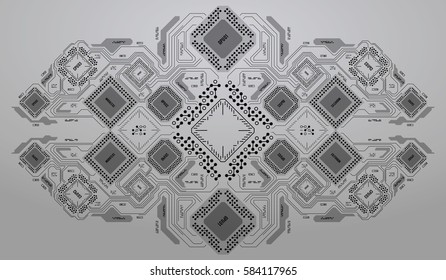 Modern Background with futuristic user interface. Electronic computer hardware technology. Motherboard digital chip. Integrated communication processor. Information engineering component.