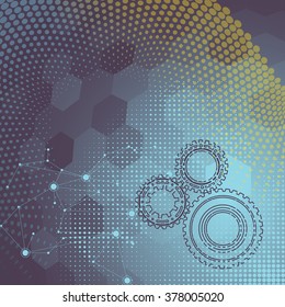 Modern background with gears on hexagonal background