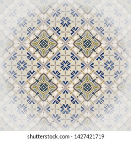 Modern  background with geometric and floral elements. Retro wallpaper pattern in gold and blue