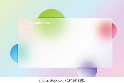 Modern background with glass morphism vector effect. Transparent glass card design. Glassmorphism trend style. Abstract banner with colored, white circles with blur and shadows. Vector illustration.