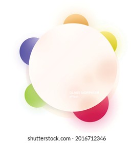 Modern background with glass morphism vector effect. Transparent glass card design. Glassmorphism trend style. Abstract banner with colored, white circles with blur and shadows. Vector illustration.