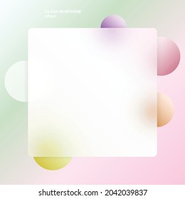 Modern background with glass morphism vector effect. Transparent glass card design. Glassmorphism trend style. Abstract banner with colored, white circles with blur and shadows. Vector illustration.