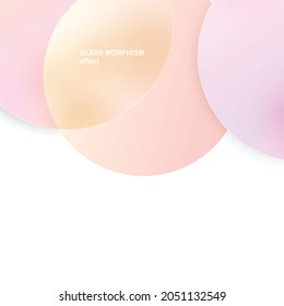 Modern background with glass morphism vector effect. Transparent glass card design. Glassmorphism trend style. Abstract banner with colored, white circles with blur and shadows. Vector illustration.