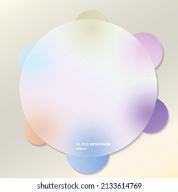 Modern background with glass morphism vector effect. Transparent glass card design. Glassmorphism trend style. Abstract banner with colored, white circles with blur and shadows. Vector illustration.