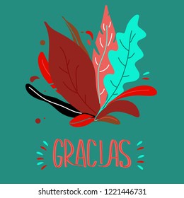 modern background with Gracias - Thanks en English  with jungle leaves. Exotic pattern with palm leaves. Vector illustration