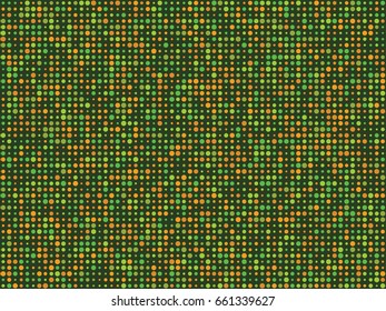 Modern background graphic design with green and orange circles of different size arranged in lines. Half tone dots abstract vector geometric pattern. Horizontal banner or cover template.