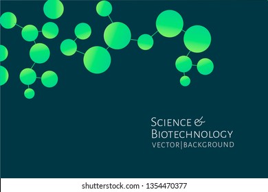 Modern Background With Green Chemical Bonds, Molecules Pattern. Medicine, Science, Biotechnology, Pharmacology Innovation Concept. Place For Text. Dark Backdrop. Vector EPS 10 Illustration.