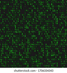 Moderner Hintergrund mit grünen Zahlen auf schwarzem Hintergrund. Programmieren des Computercodetechnikkonzepts. Abstrakte Vektorillustration nahtloser Matrixmuster