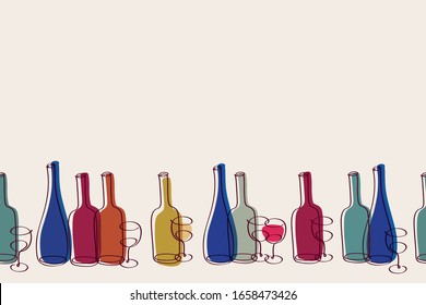 Modern background with hand drawn bottles of wine glasses for restaurant, bar menu, party, alcohol drinks, wrapping paper, textile, wallpapers and scrapbook. Vector illustration.