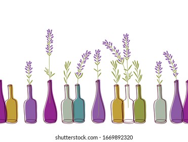 Moderner Hintergrund mit handgezeichneten Flaschen und Lavendel für die Textilindustrie, Stoffherstellung, Tapeten, Decken, Oberfläche, Geschenkverpackung, Scrapbooking. Vektorillustration.