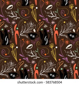 Modern background with hand drawn floral shapes, teapot and cup. Seamless pattern