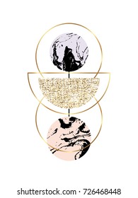 Modern background with marble circles, gold geometric shapes.