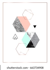 Modern background with marble, copper hexagons, geometric shapes, triangles and stone texture.