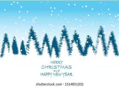 Modern background merry christmas. there is a Christmas tree and snowfall, the sky is light blue
