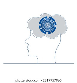 Modern background metaphor of artificial intelligence, modern technologies, robots, man with technical elements in his head. Concept of technology and engineering
