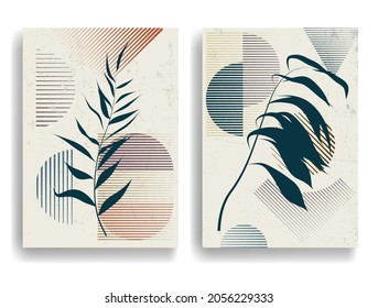 Modern background with minimalist design elements . Botanical art. Backgrounds in Boho style  . Wall art , home deco . Contemporary posters with leaves and geometric shapes .Vector abstract flyers.